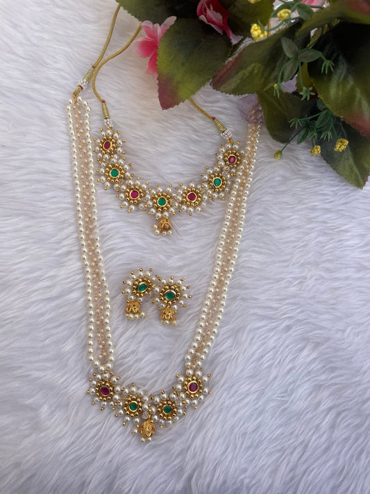 Pearl meenakari Kundan choker and long necklace