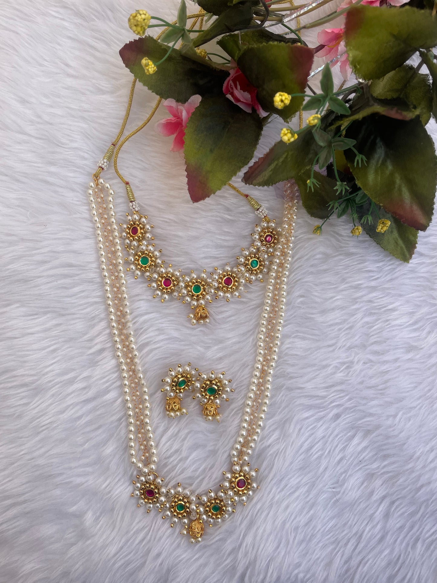 Pearl meenakari Kundan choker and long necklace
